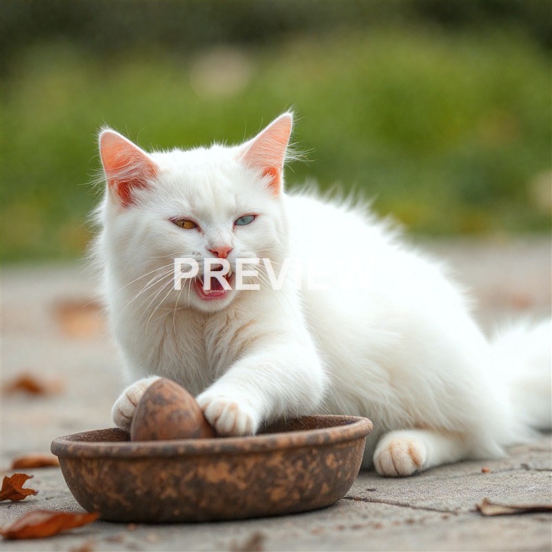A white cat with heterochromatic eyes (one blue, one yellow) is lying on the ground, appearing to bite or play with a brown object in a shallow dish outdoors, with a blurred green background.